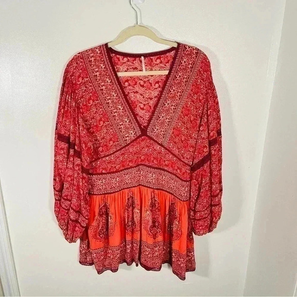 NEW Free People Luna Scarf Print Tunic in Red Bohemian Festival Floral Paisley - Picture 10 of 10